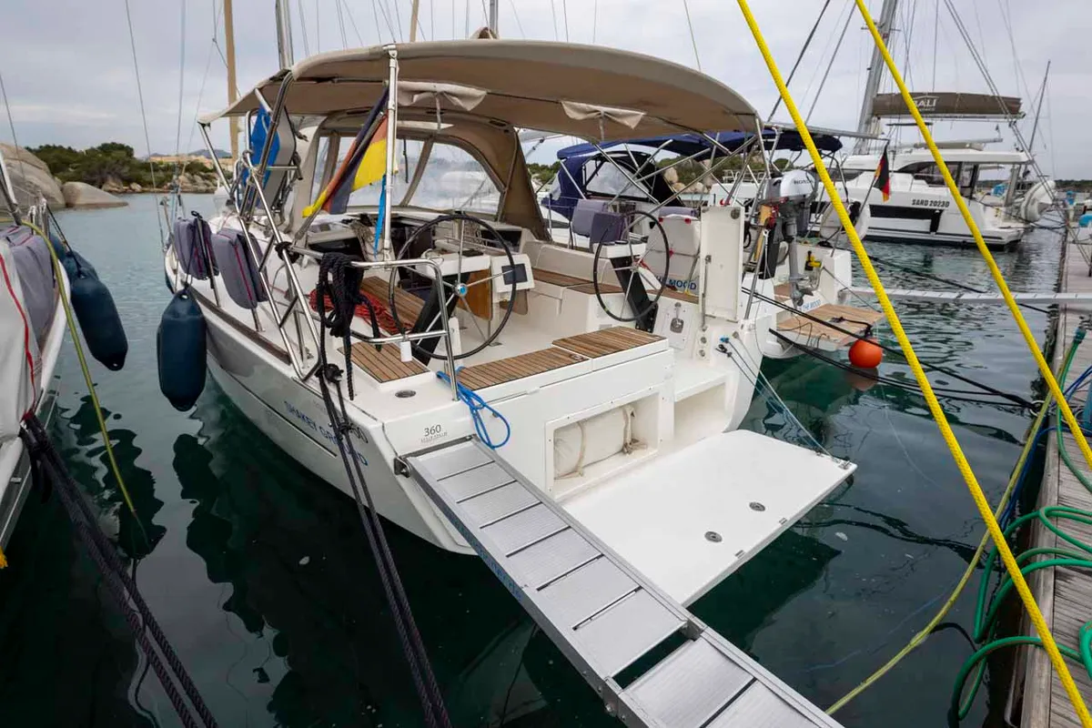 Exterior view of Shakey Ground, a Dufour 360 GL sailboat at Figari/Golfo Aranci, Italy