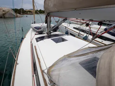 Deck of Shakey Ground, a Dufour 360 GL sailboat at Figari/Golfo Aranci, Italy