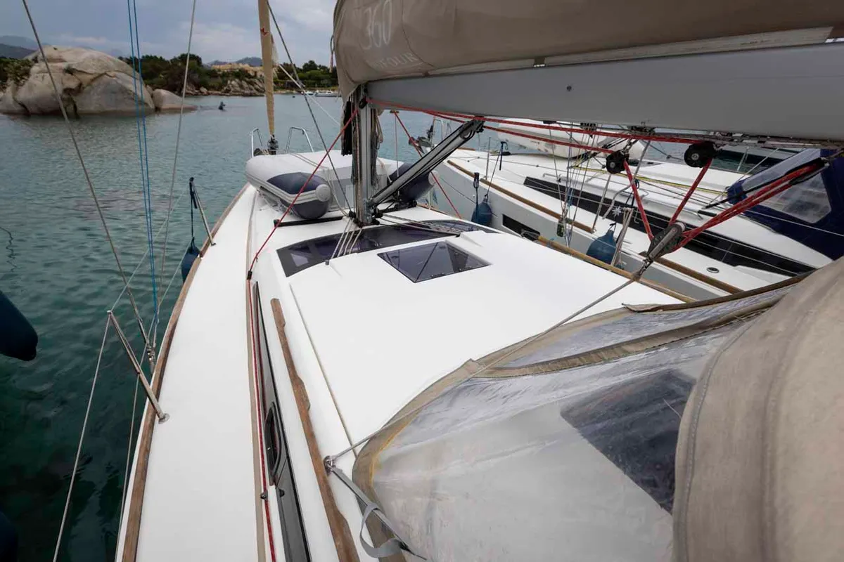 Deck of Shakey Ground, a Dufour 360 GL sailboat at Figari/Golfo Aranci, Italy