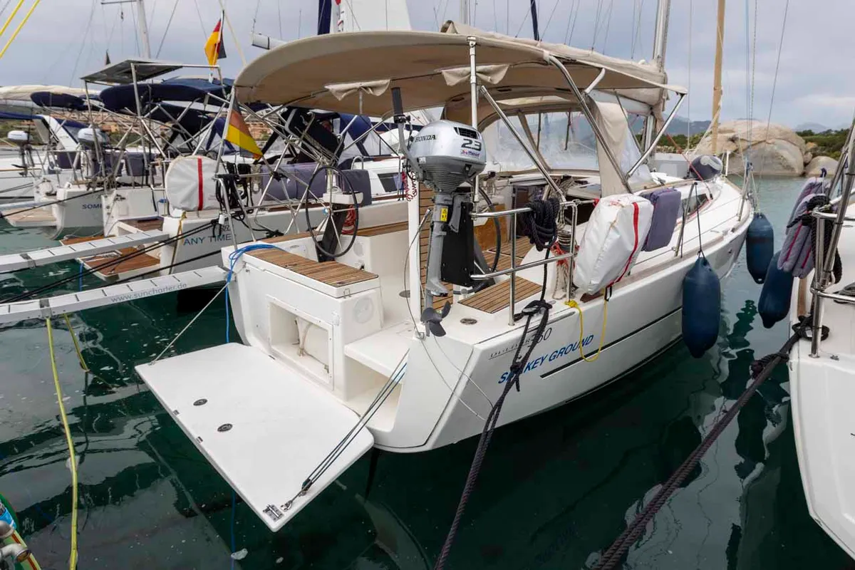 Exterior view of Shakey Ground, a Dufour 360 GL sailboat at Figari/Golfo Aranci, Italy