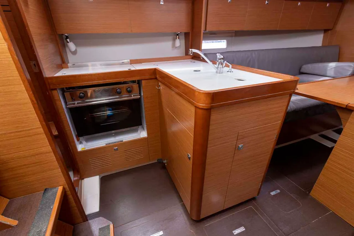 Galley of Shakey Ground, a Dufour 360 GL sailboat at Figari/Golfo Aranci, Italy