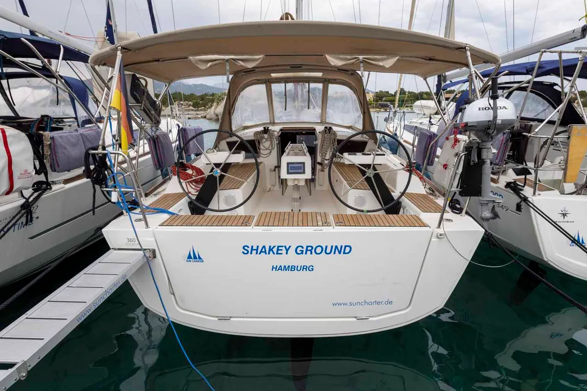 Exterior view of Shakey Ground, a Dufour 360 GL sailboat at Figari/Golfo Aranci, Italy