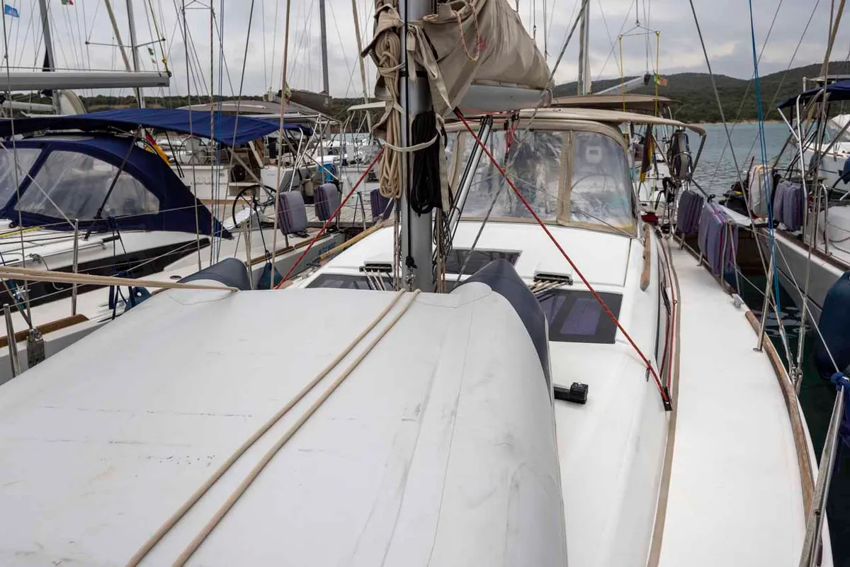 Deck of Shakey Ground, a Dufour 360 GL sailboat at Figari/Golfo Aranci, Italy