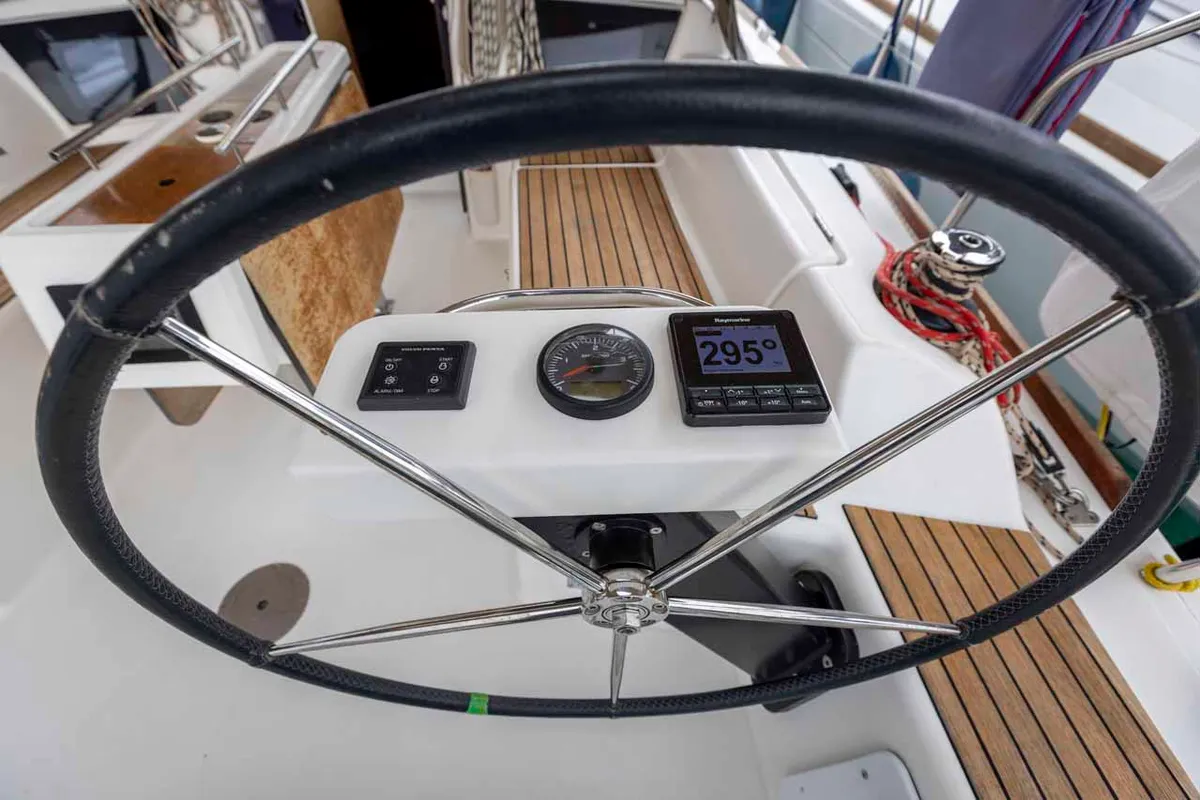 Cockpit of Shakey Ground, a Dufour 360 GL sailboat at Figari/Golfo Aranci, Italy
