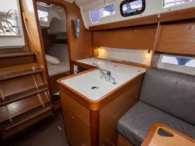Galley of Shakey Ground, a Dufour 360 GL sailboat at Figari/Golfo Aranci, Italy
