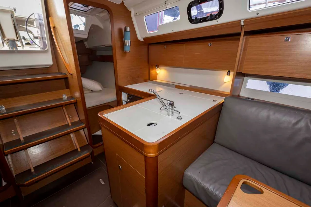 Galley of Shakey Ground, a Dufour 360 GL sailboat at Figari/Golfo Aranci, Italy