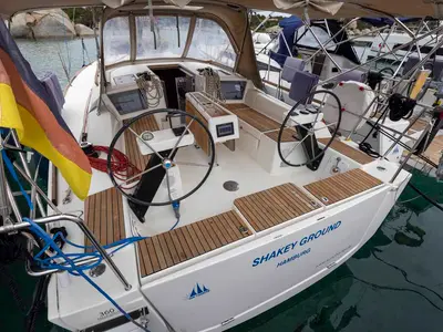 Cockpit of Shakey Ground, a Dufour 360 GL sailboat at Figari/Golfo Aranci, Italy