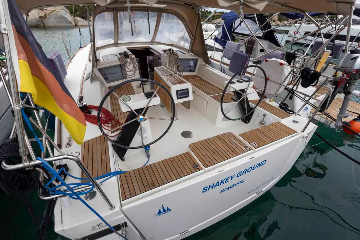 Cockpit of Shakey Ground, a Dufour 360 GL sailboat at Figari/Golfo Aranci, Italy