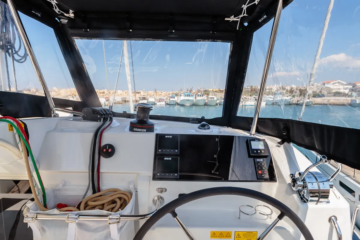 Cockpit of Gelso - Standard line, a Lagoon 40 catamaran at Olbia, Italy