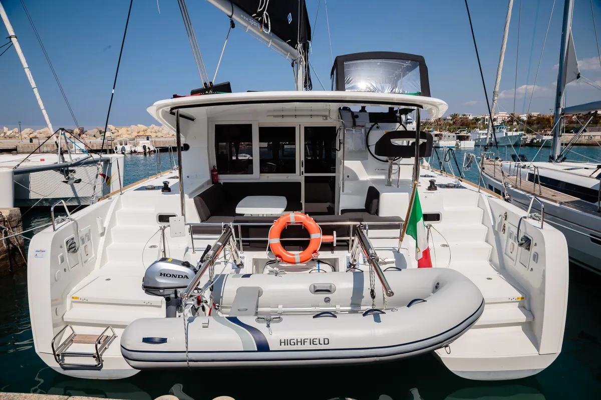 Deck of Gelso - Standard line, a Lagoon 40 catamaran at Olbia, Italy