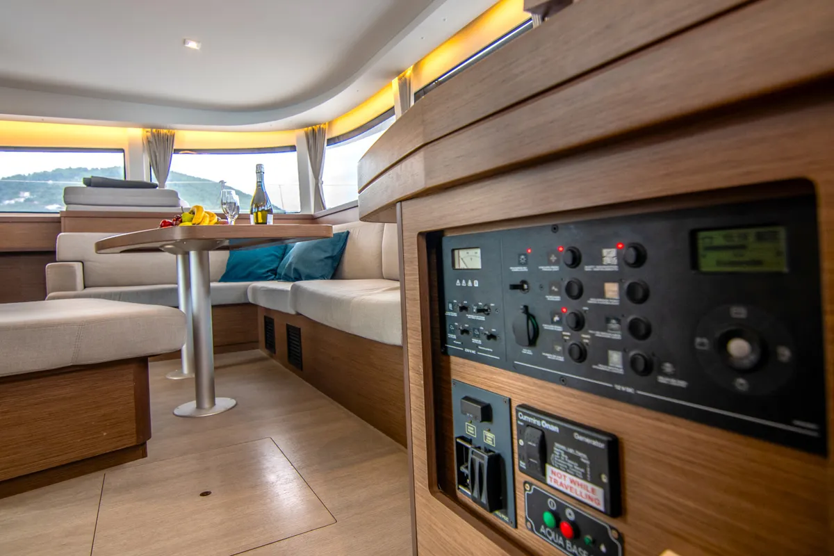 Salon of ZAKI, a Lagoon 42 catamaran at Skiathos, Greece