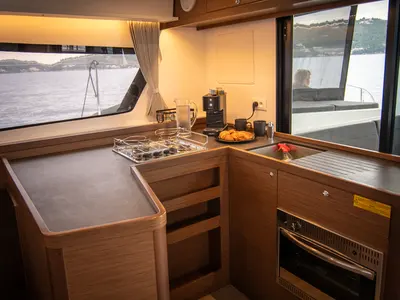 Galley of ZAKI, a Lagoon 42 catamaran at Skiathos, Greece