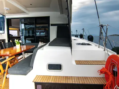 Deck of ZAKI, a Lagoon 42 catamaran at Skiathos, Greece