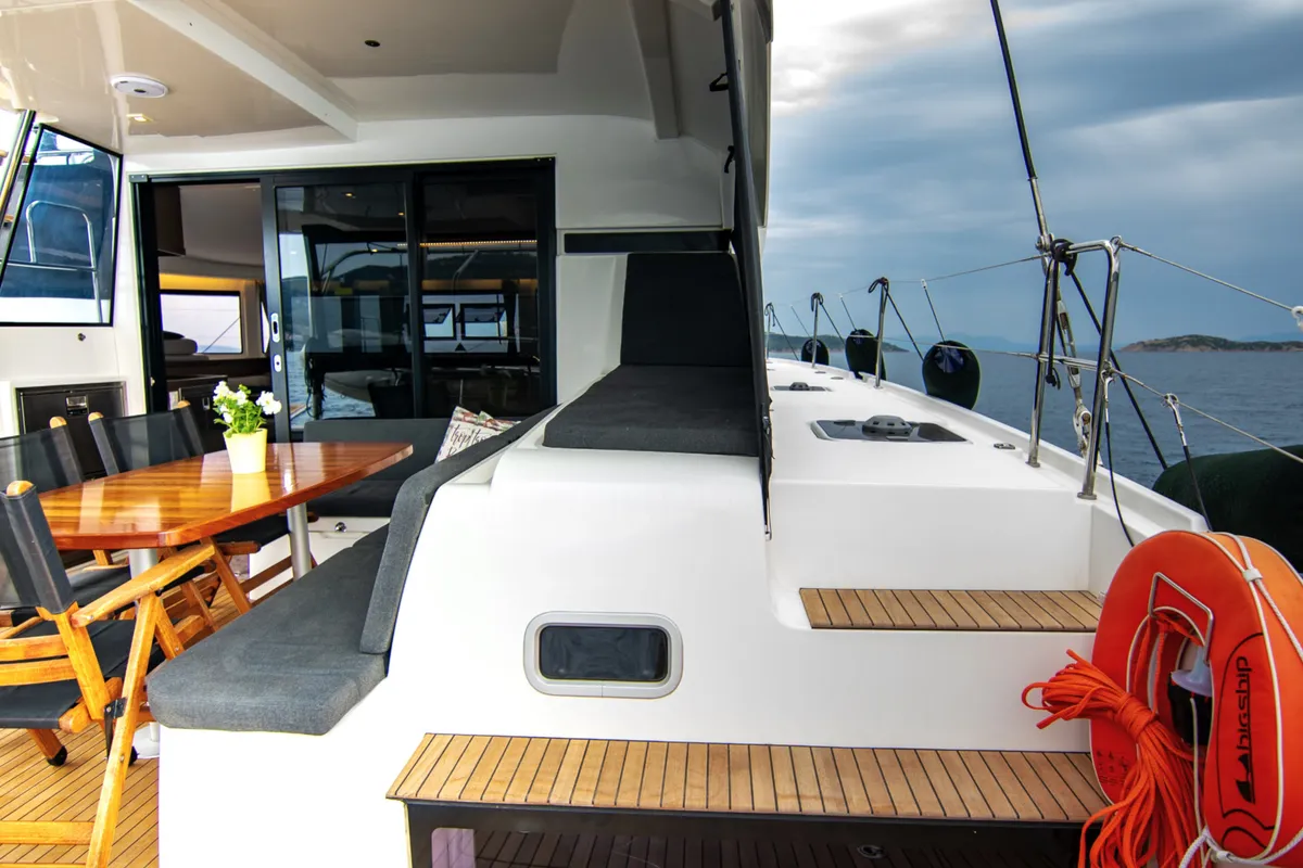 Deck of ZAKI, a Lagoon 42 catamaran at Skiathos, Greece