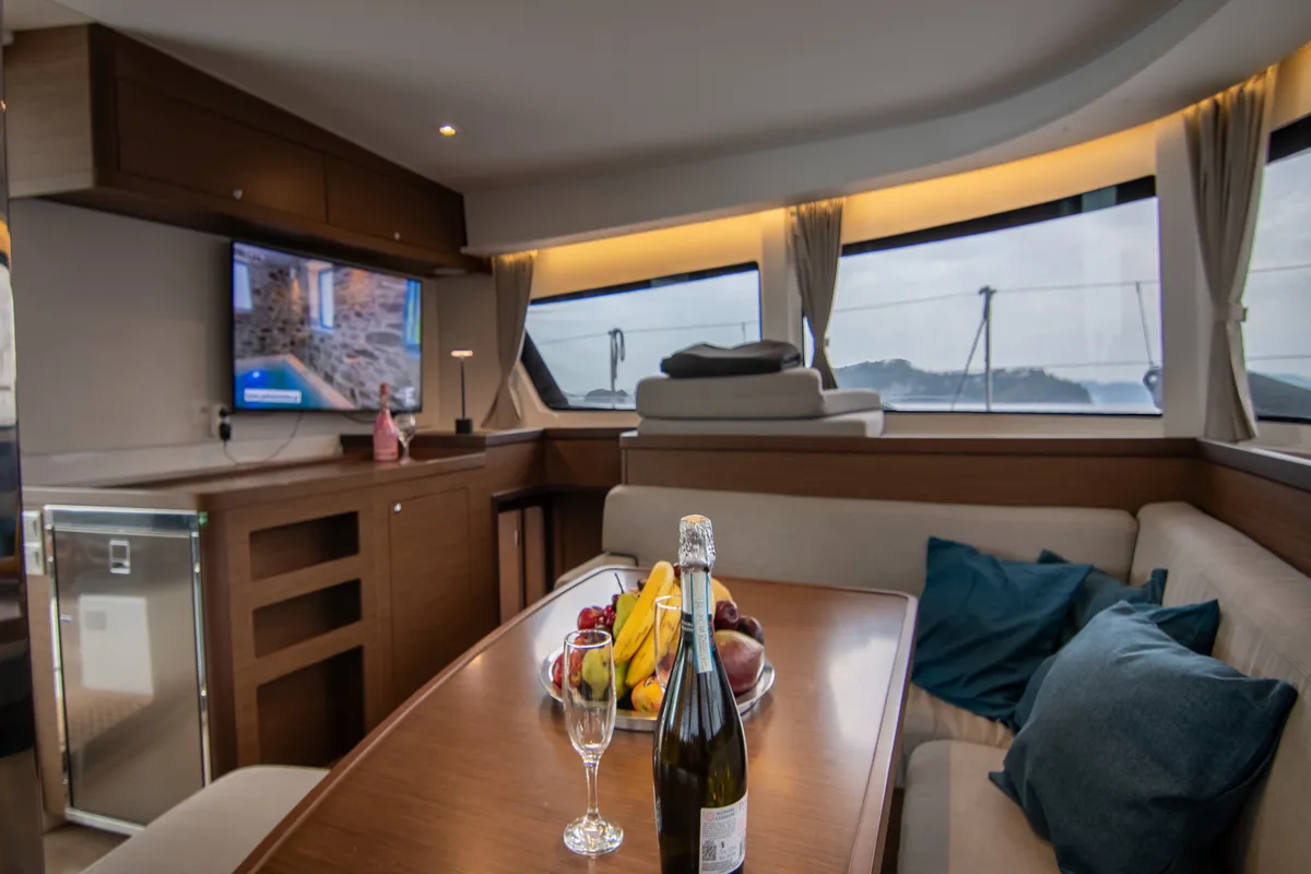 Salon of ZAKI, a Lagoon 42 catamaran at Skiathos, Greece