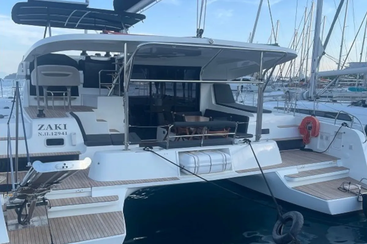 Exterior view of ZAKI, a Lagoon 42 catamaran at Skiathos, Greece