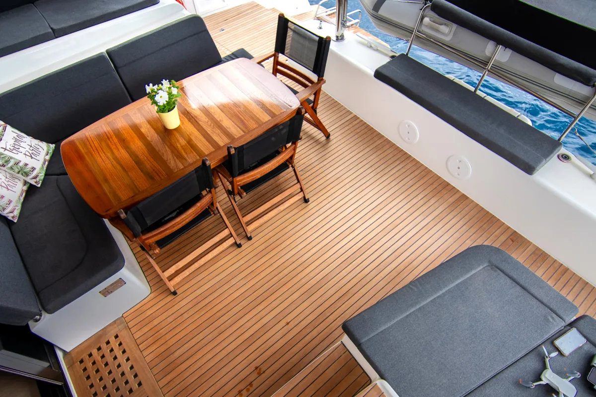 Deck of ZAKI, a Lagoon 42 catamaran at Skiathos, Greece