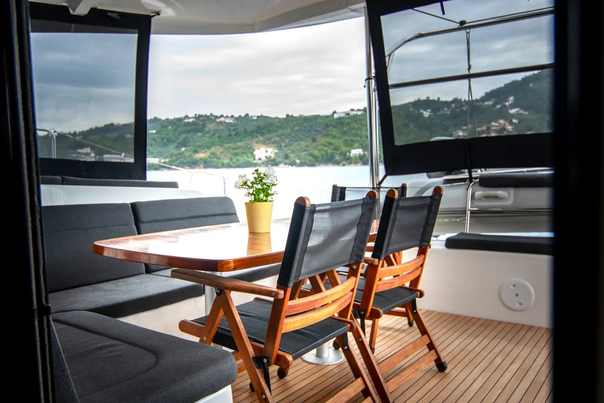 Deck of ZAKI, a Lagoon 42 catamaran at Skiathos, Greece