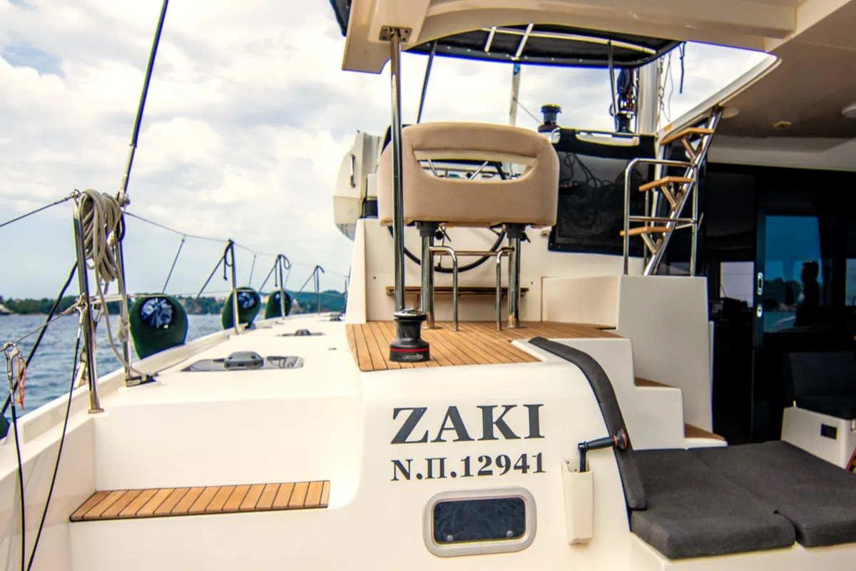 Cockpit of ZAKI, a Lagoon 42 catamaran at Skiathos, Greece