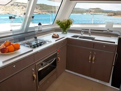 Galley of NN2, a Bali Catspace catamaran at Preveza, Greece