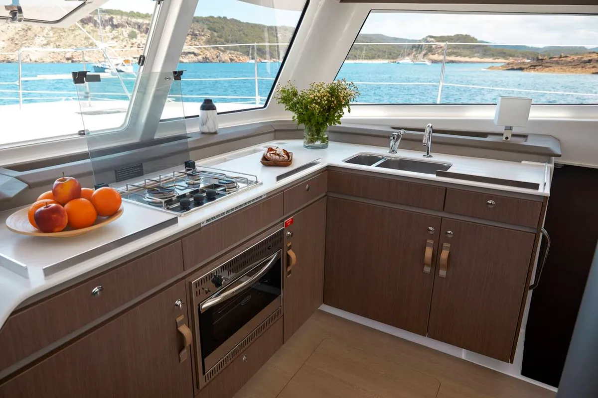 Galley of NN2, a Bali Catspace catamaran at Preveza, Greece