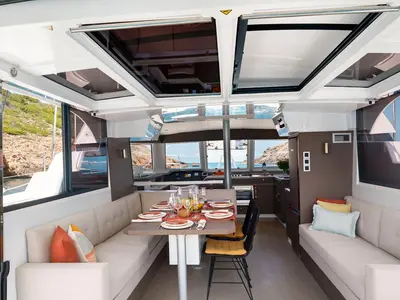 Salon of NN2, a Bali Catspace catamaran at Preveza, Greece