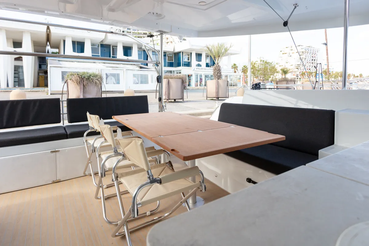 Deck of JEMALE, a Lagoon 46 catamaran at Ajaccio, France