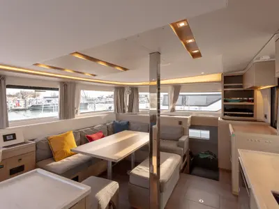 Salon of JEMALE, a Lagoon 46 catamaran at Ajaccio, France