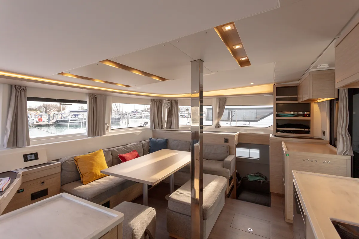 Salon of JEMALE, a Lagoon 46 catamaran at Ajaccio, France