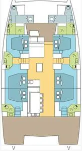 Floor plan of Queen O, a Bali 5.4 catamaran at Road Town, British Virgin Islands
