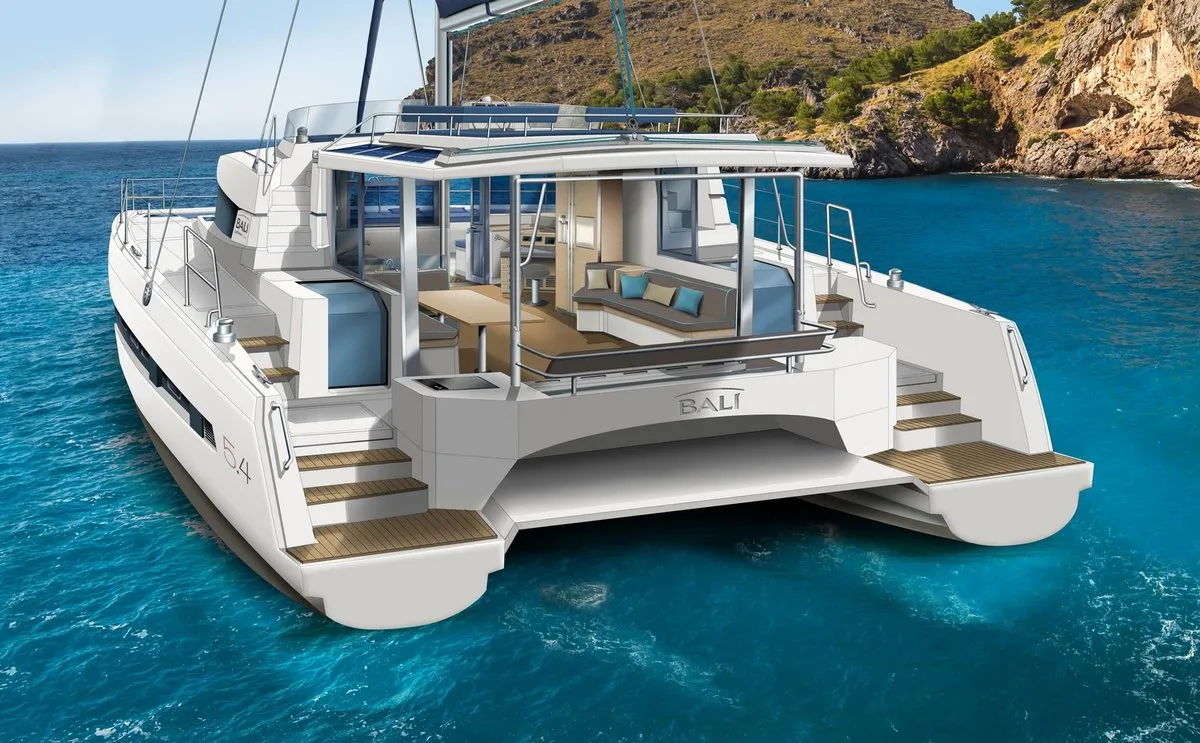 Exterior view of Queen O, a Bali 5.4 catamaran at Road Town, British Virgin Islands
