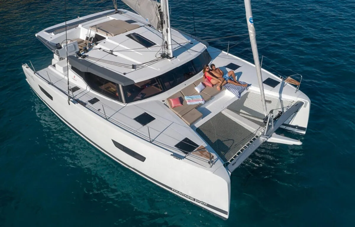 Exterior view of All the Perks, a Fountaine Pajot Astrea 42 catamaran at Road Town, British Virgin Islands