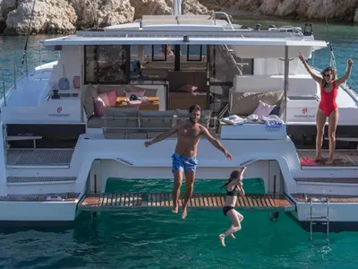 Deck of All the Perks, a Fountaine Pajot Astrea 42 catamaran at Road Town, British Virgin Islands