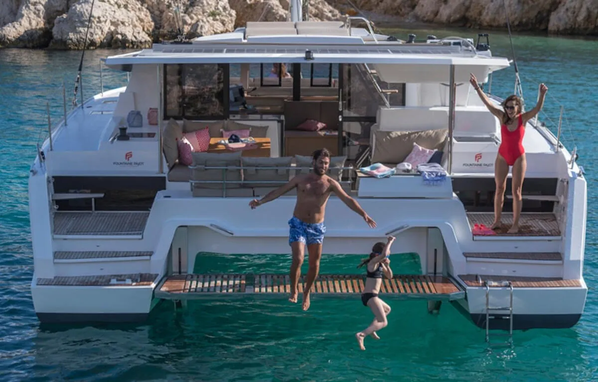 Deck of All the Perks, a Fountaine Pajot Astrea 42 catamaran at Road Town, British Virgin Islands