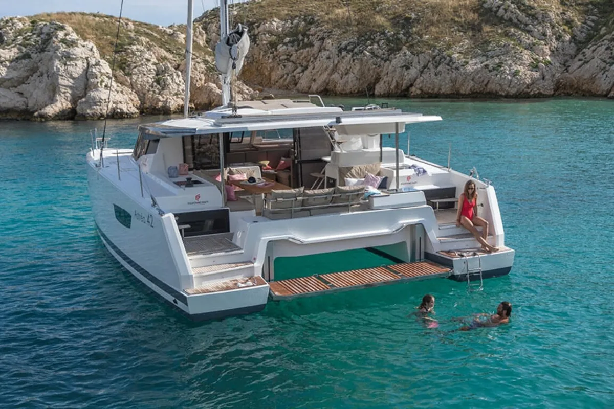 Exterior view of All the Perks, a Fountaine Pajot Astrea 42 catamaran at Road Town, British Virgin Islands