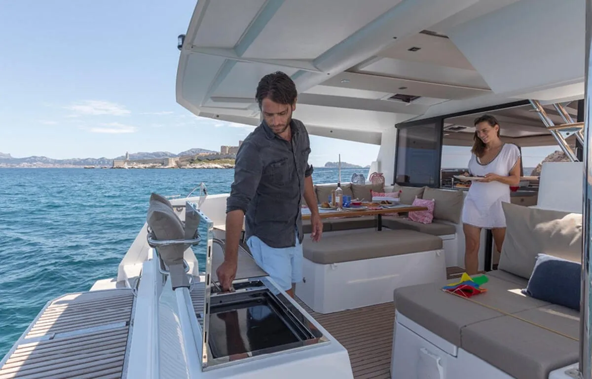 Deck of All the Perks, a Fountaine Pajot Astrea 42 catamaran at Road Town, British Virgin Islands