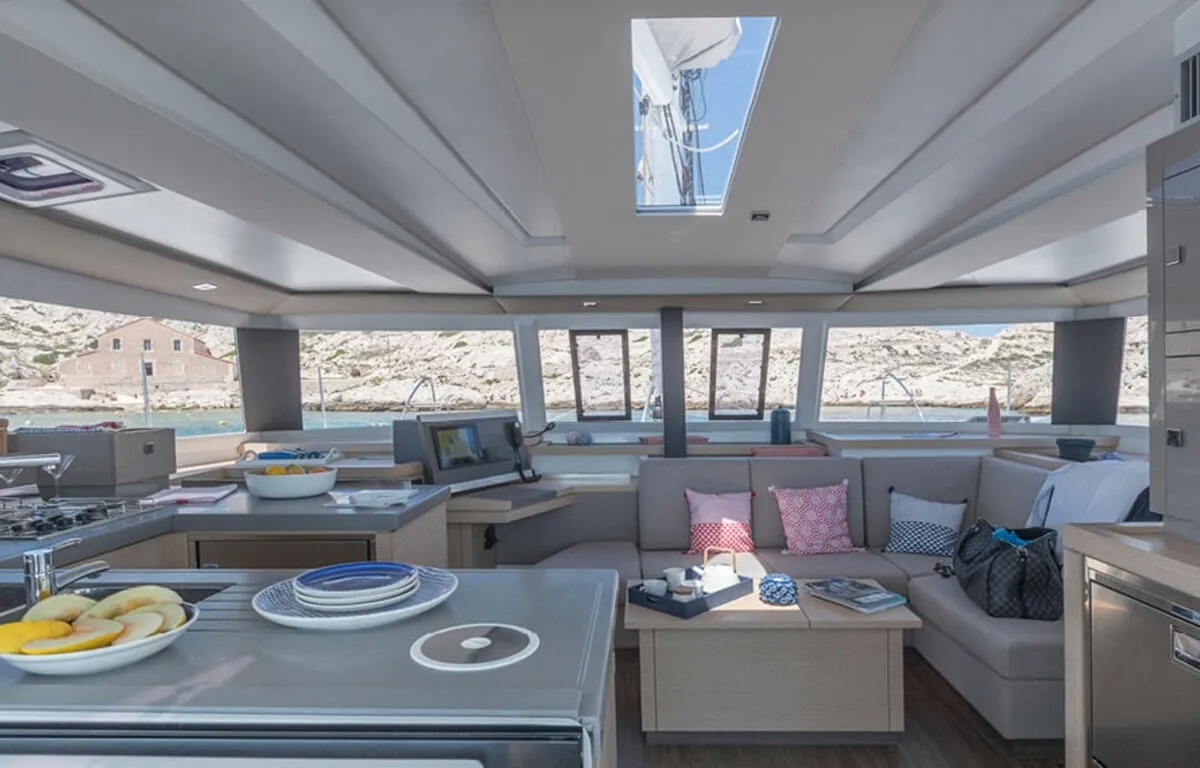 Salon of All the Perks, a Fountaine Pajot Astrea 42 catamaran at Road Town, British Virgin Islands
