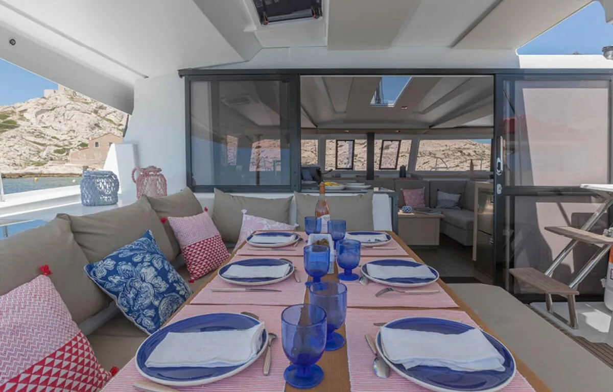 Deck of All the Perks, a Fountaine Pajot Astrea 42 catamaran at Road Town, British Virgin Islands