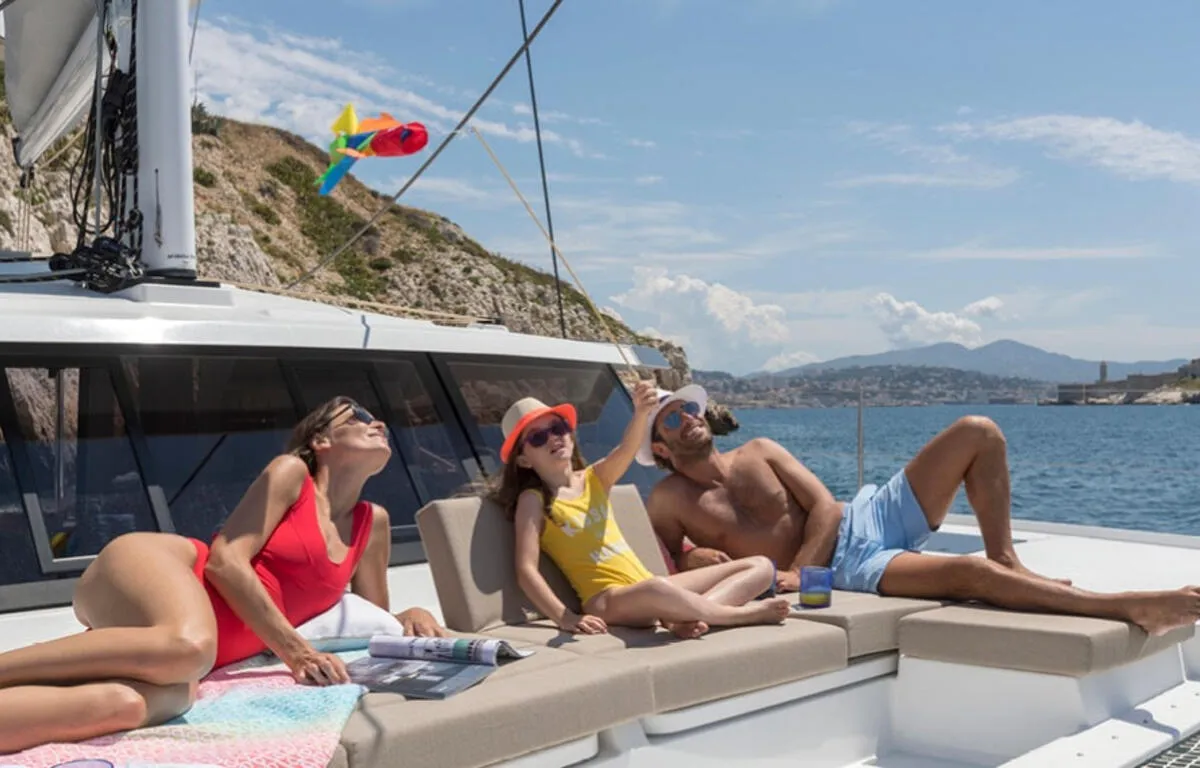 Deck of All the Perks, a Fountaine Pajot Astrea 42 catamaran at Road Town, British Virgin Islands