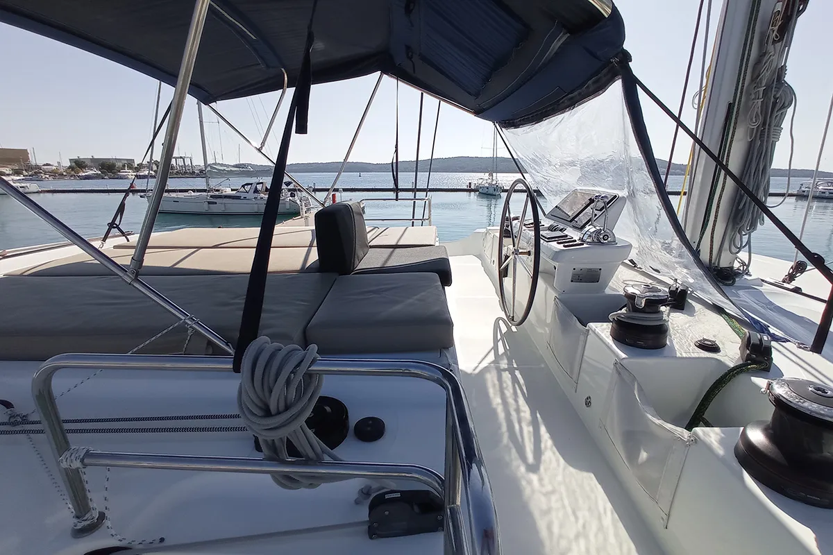 Cockpit of Ragnarök, a Lagoon 50 catamaran at Seget Donji, Croatia