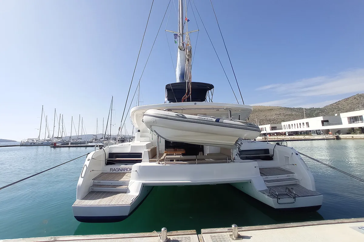 Exterior view of Ragnarök, a Lagoon 50 catamaran at Seget Donji, Croatia