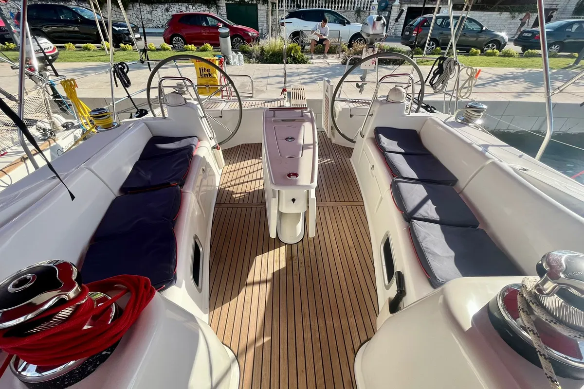 Cockpit of La Stella, a Beneteau Oceanis 50 Family sailboat at Općina Marina, Croatia