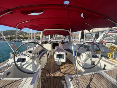 Cockpit of La Stella, a Beneteau Oceanis 50 Family sailboat at Općina Marina, Croatia
