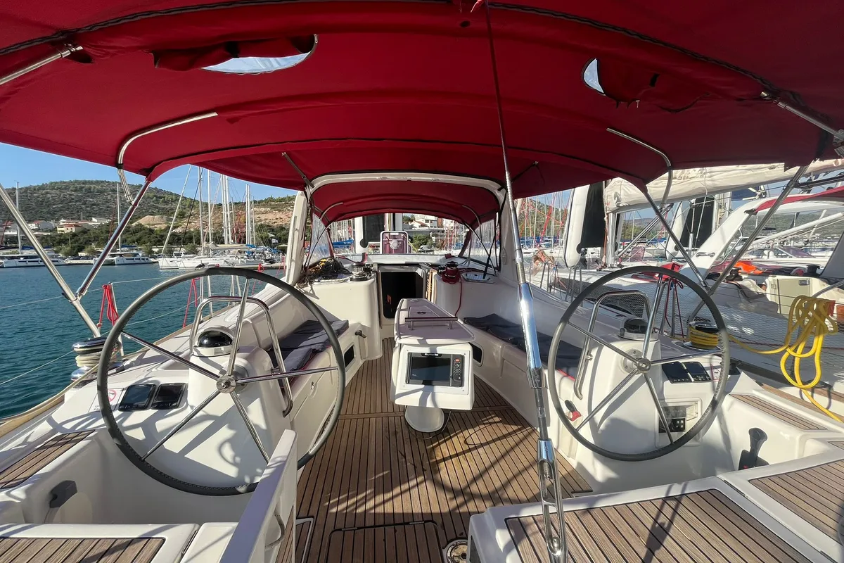 Cockpit of La Stella, a Beneteau Oceanis 50 Family sailboat at Općina Marina, Croatia