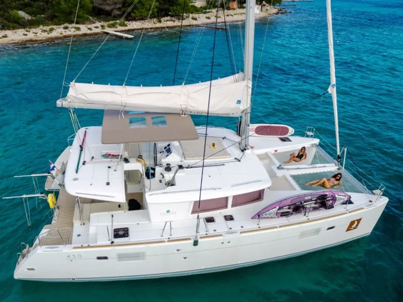 Exterior view of METRA , a Lagoon 450 Fly catamaran at Grad Trogir, Croatia