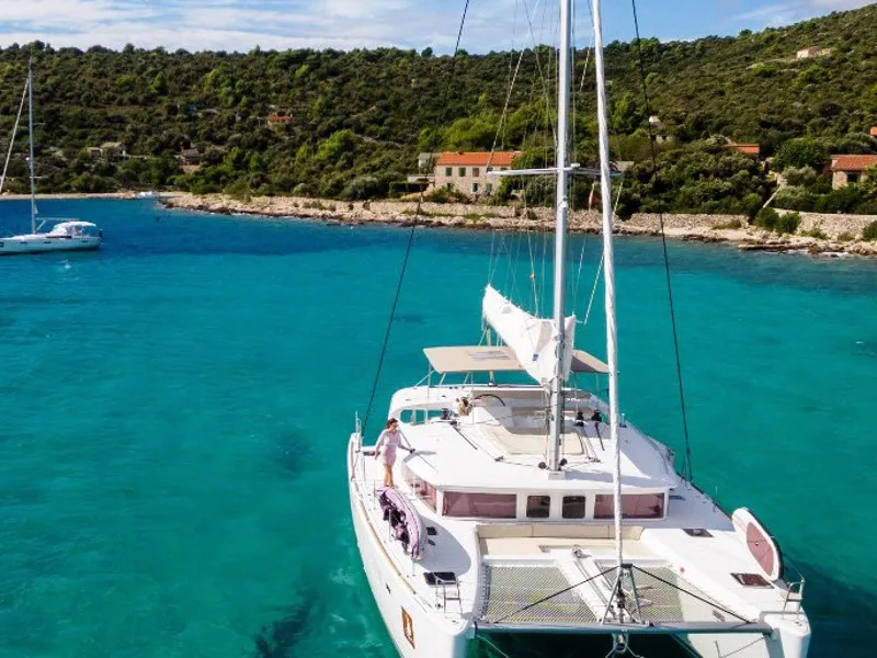 Exterior view of METRA , a Lagoon 450 Fly catamaran at Grad Trogir, Croatia