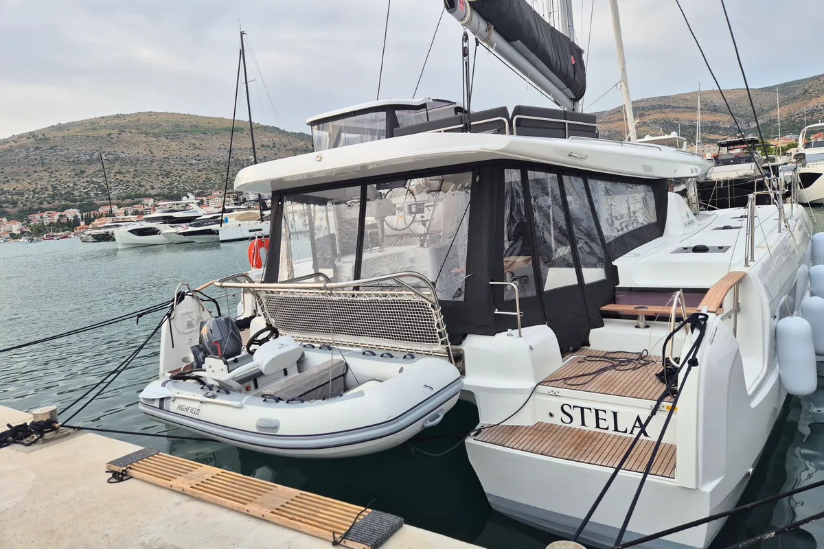 Exterior view of Stela, a Lagoon 43 catamaran at Rogoznica, Croatia