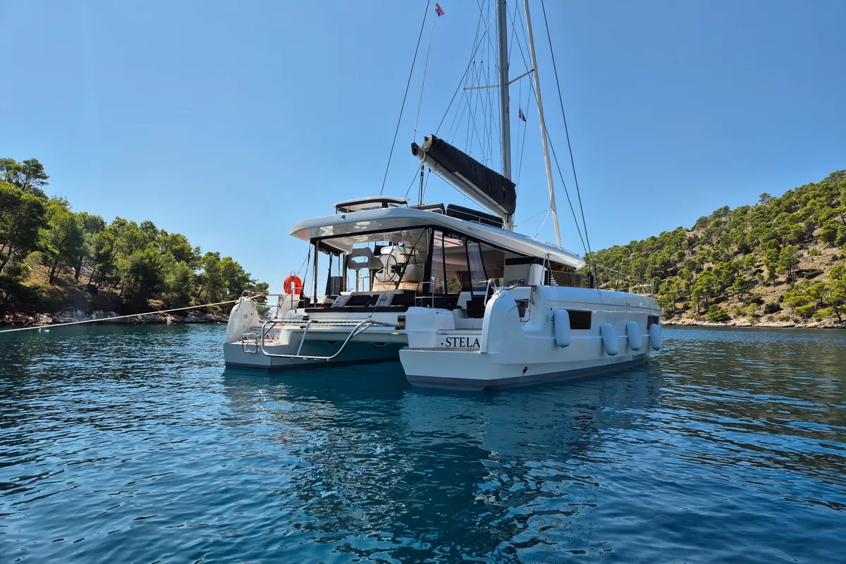 Exterior view of Stela, a Lagoon 43 catamaran at Rogoznica, Croatia