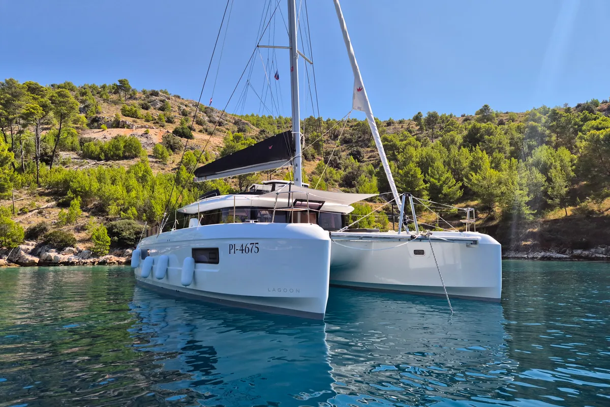Exterior view of Stela, a Lagoon 43 catamaran at Rogoznica, Croatia