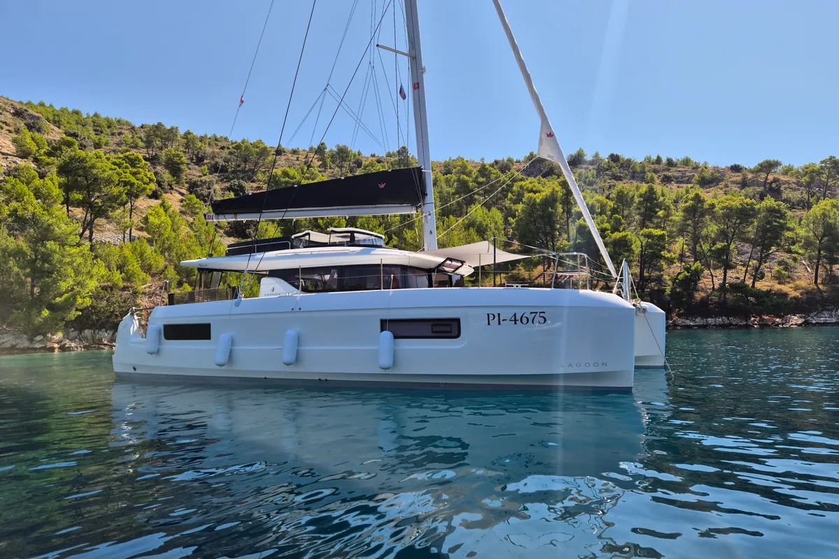 Exterior view of Stela, a Lagoon 43 catamaran at Rogoznica, Croatia